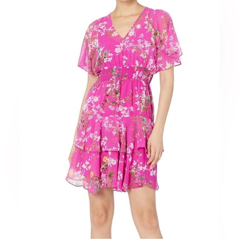 Taylor Fuchsia Floral Tiered V-Neck Dress